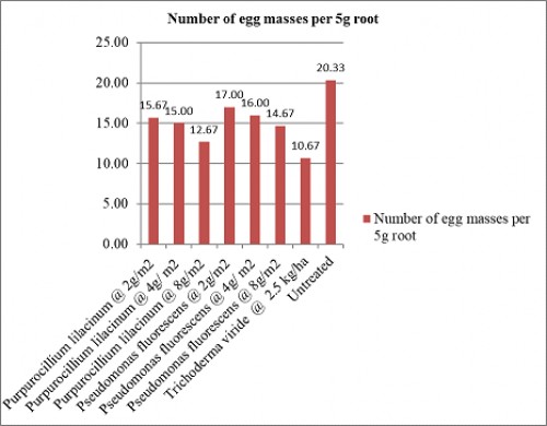 Efficacy of bio-agents as soil application against root-knot nematode, <em>Meloidogyne incognita</em> on Chilli (On X- axis- Details of treatment, Y- axis- number of egg masses per 5 g root)