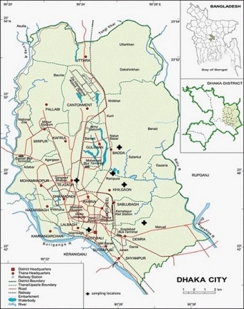 The map of Dhaka city showing different sampling locations